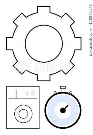 Time management, productivity, automation, efficiency, workflow, industrial operations. Minimalist icons of a gear, washing machine and stopwatch. Time management and productivity illustration Time management, productivity, automation, efficiency, workflow, industrial operations. Minimalist icons of a gear, washing machine and stopwatch. Time management and productivity illustration 138873178