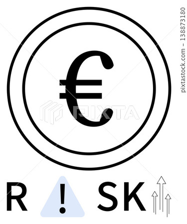 Financial security, investment management, economic risks, currency fluctuation, financial strategies, economic growth. Euro symbol with risk warning sign and upward arrows. Financial security 138873180