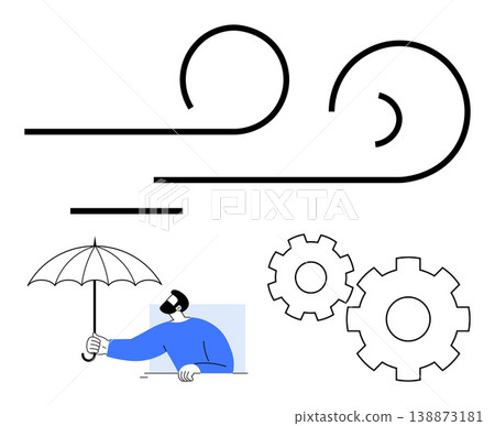 Natural elements, technology, protection, innovation, engineering, weather resilience. Person holding umbrella under wind. Natural elements and engineering concept with gears and wind ion Natural elements, technology, protection, innovation, engineering, weather resilience. Person holding umbrella under wind. Natural elements and engineering concept with gears and wind ion 138873181