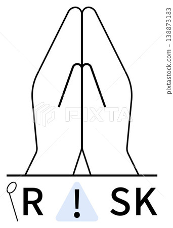 Spirituality, caution, mindfulness, risk awareness, safety, danger. Two hands in prayer above a risk word and triangle alert icon. Spirituality and caution concept with mindfulness symbol 138873183