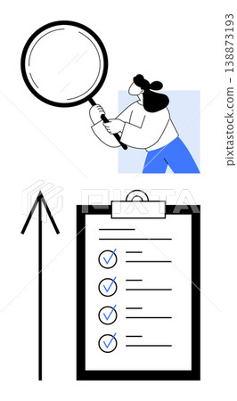 Task management, quality control, data review, productivity, business growth, project planning. Woman holding magnifying glass over checklist. Task management and quality control concept 138873193
