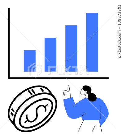 Business strategy, investments, financial planning, economic growth, profit tracking, data analysis. A bar chart, dollar coin and woman pointing upward. Financial planning and economic growth Business strategy, investments, financial planning, economic growth, profit tracking, data analysis. A bar chart, dollar coin and woman pointing upward. Financial planning and economic growth 138873203