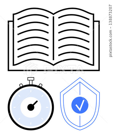 Education, time efficiency, protection, learning, security, information management. An open book, stopwatch and shield. Education and time efficiency concepts are 138873207