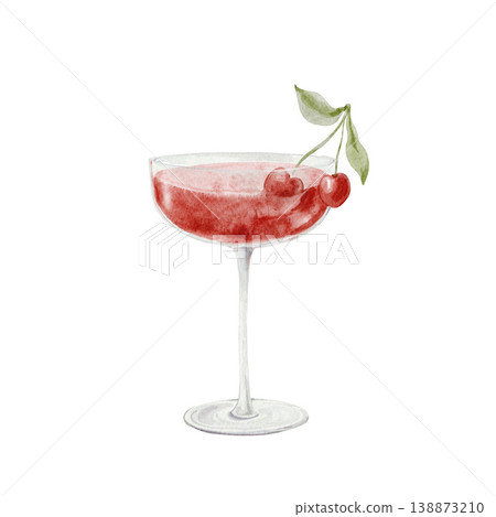 Single hand painted watercolor cherry cocktail in coupe glass with cherries garnish isolated on white background, bar drink clipart. Single hand painted watercolor cherry cocktail in coupe glass with cherries garnish isolated on white background, bar drink clipart. 138873210