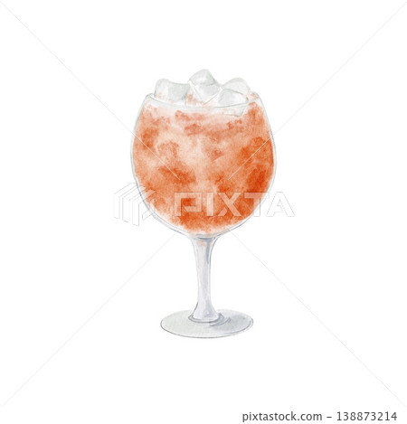 Single hand painted watercolor summer orange cocktail with ice cubes in wine glass isolated on white background, drink clipart. 138873214