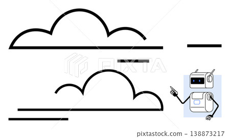 Technology, robotics, innovation, guidance, futuristic design, minimalism. A robot pointing with clouds and horizontal lines in a clean theme. Technology and robotics concept 138873217