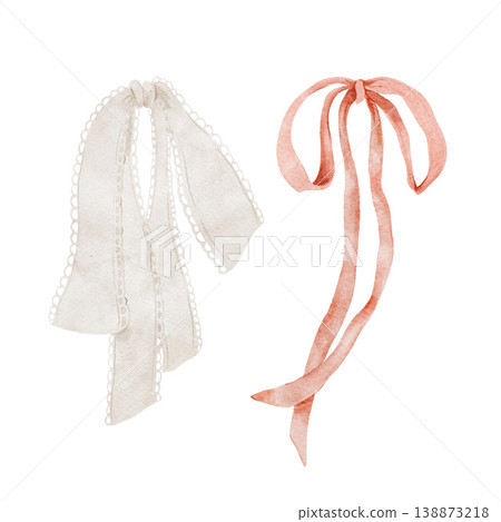 Set of 2 hand painted watercolor pink bow ribbon and white lace bow isolated on white background, wedding coquette clipart. Set of 2 hand painted watercolor pink bow ribbon and white lace bow isolated on white background, wedding coquette clipart. 138873218