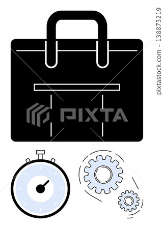 Time management, business operations, productivity, efficiency, workflow, corporate strategy. A briefcase, stopwatch and gears together. Time management and business operations concept Time management, business operations, productivity, efficiency, workflow, corporate strategy. A briefcase, stopwatch and gears together. Time management and business operations concept 138873219