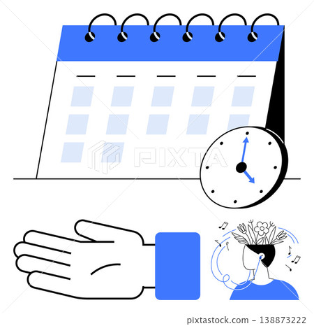 Productivity, goal setting, mindfulness, self-care, time tracking, mental clarity. Calendar with clock, open hand and head with flowers. Time tracking and mindfulness concepts 138873222