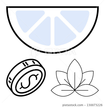 Finance, agriculture, wellness, sustainability, health, and economics. Minimalistic line art of a lemon slice, dollar coin and leaf. Finance and agriculture conceptual theme Finance, agriculture, wellness, sustainability, health, and economics. Minimalistic line art of a lemon slice, dollar coin and leaf. Finance and agriculture conceptual theme 138873226