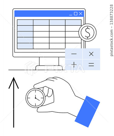 Time management, financial planning, productivity, digital tools, budgeting, and cost efficiency. Computer spreadsheet, clock calculator symbols and upward arrow. Time management and financial Time management, financial planning, productivity, digital tools, budgeting, and cost efficiency. Computer spreadsheet, clock calculator symbols and upward arrow. Time management and financial 138873228
