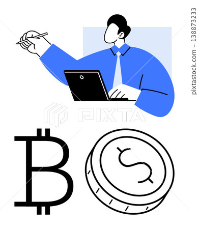 Cryptocurrency, blockchain, financial analysis, fintech, digital currency, investment planning. Minimalist image of a businessman working on a laptop with Bitcoin and coin symbols. Cryptocurrency 138873233