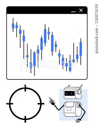 Finance, artificial intelligence, stock market trading, algorithms, investment strategies, data visualization. Candlestick chart, robot pointing and target symbol. Finance and artificial 138873239