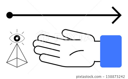 Vision, guidance, awareness, decision-making, strategy, progress. A hand, an open eye a pyramid and an arrow on a white background. Vision and guidance concept in abstract art 138873242