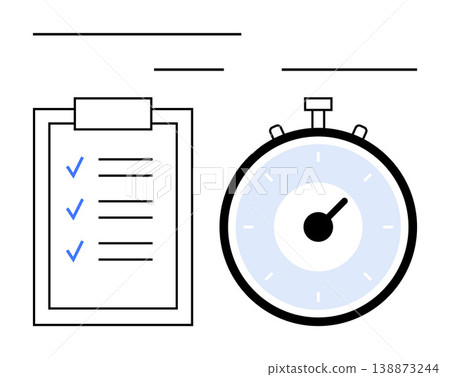Productivity, time management, goal setting, workflow optimization, business strategy, efficiency. Clipboard with checklist and stopwatch. Productivity and time management concept Productivity, time management, goal setting, workflow optimization, business strategy, efficiency. Clipboard with checklist and stopwatch. Productivity and time management concept 138873244