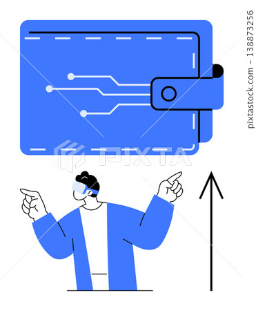 Digital finance, virtual reality, blockchain, cryptocurrency, fintech, online payments. Blue wallet with circuit design, man in VR headset pointing upward. Digital finance and blockchain concept Digital finance, virtual reality, blockchain, cryptocurrency, fintech, online payments. Blue wallet with circuit design, man in VR headset pointing upward. Digital finance and blockchain concept 138873256