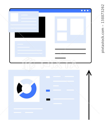 Web design, data analytics, business strategy, user interface UI, graphic design, information sharing. A browser window showing a webpage layout and a slide with a pie chart. Focuses on data Web design, data analytics, business strategy, user interface UI, graphic design, information sharing. A browser window showing a webpage layout and a slide with a pie chart. Focuses on data 138873262