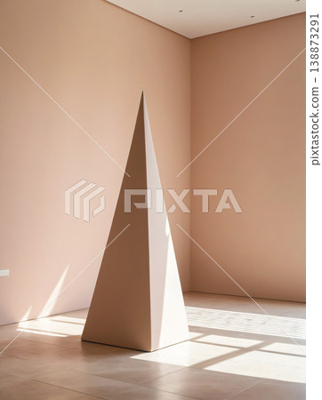 An abstract, pyramidal geometric object stands in a modern interior. 138873291