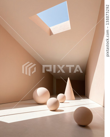Geometric objects of spheres and cones line the corridor where light streams in from the skylight. 138873292