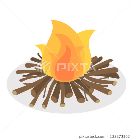 3D Isometric Flat Vector Set of Bonfires, Wooden Boards Used For Nighttime Outdoor Bonfire With Flaming Logs And Coals. Item 1 138873302