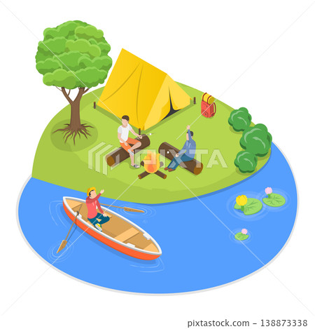 3D Isometric Flat Vector Illustration of Summer Activities, Camping Composition. Item 3 138873338