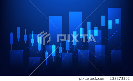 stock market candlesticks chart with bar graph and indicator on blue background. economy growth and business financial report stock market candlesticks chart with bar graph and indicator on blue background. economy growth and business financial report 138873391