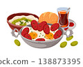 Traditional turkish breakfast illustration with cooked egg, sucuk sausage, yogurt dip haydari, tea and pogaca bread. Cuisine meal in cartoon style for menu, cafe design. 138873395