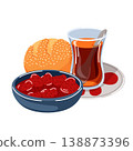 Turkish breakfast with fresh pogaca bread, a bowl of strawberry jam and hot black tea. Food and drink cartoon style illustration for menu, banner. 138873396