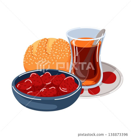 Turkish breakfast with fresh pogaca bread, a bowl of strawberry jam and hot black tea. Food and drink cartoon style illustration for menu, banner. Turkish breakfast with fresh pogaca bread, a bowl of strawberry jam and hot black tea. Food and drink cartoon style illustration for menu, banner. 138873396