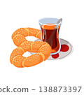 Turkish tea in a glass cup with two Turkish bagel simit for healthy breakfast meal in cartoon style. 138873397