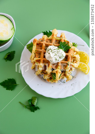 vegetable waffles with zucchini herbs and creamy sauce on top vegetable waffles with zucchini herbs and creamy sauce on top 138873452