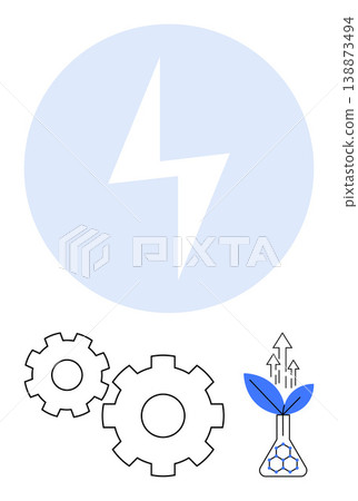 Sustainable energy, biotechnology, innovation, green energy, technology, industry advancements. Lightning symbol, gears and flask with plant growth. Sustainable energy and biotechnology concepts Sustainable energy, biotechnology, innovation, green energy, technology, industry advancements. Lightning symbol, gears and flask with plant growth. Sustainable energy and biotechnology concepts 138873494