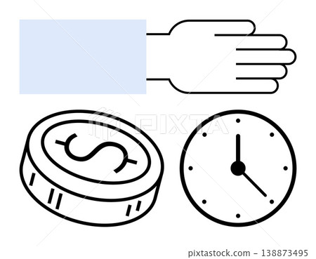 Time management, financial planning, productivity, business efficiency, cost control, savings. Outlined hand, clock and coin icons. Time management and financial planning conceptual design Time management, financial planning, productivity, business efficiency, cost control, savings. Outlined hand, clock and coin icons. Time management and financial planning conceptual design 138873495