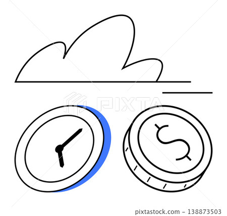 Business planning, finance management, time-saving, cloud storage, resource optimization, digital tools. Minimalist design with a clock, a coin and a cloud element. Business planning and finance Business planning, finance management, time-saving, cloud storage, resource optimization, digital tools. Minimalist design with a clock, a coin and a cloud element. Business planning and finance 138873503