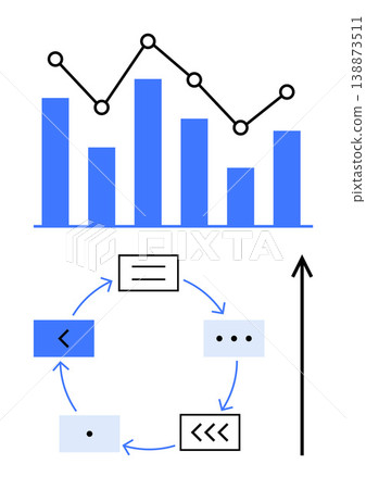Business analysis, workflow optimization, statistics, growth trends, strategic planning, data management. Bar chart with line graph, diagram of process cycle and upward arrow. Business analysis Business analysis, workflow optimization, statistics, growth trends, strategic planning, data management. Bar chart with line graph, diagram of process cycle and upward arrow. Business analysis 138873511