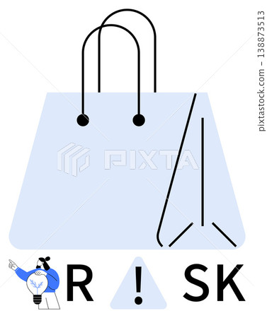 Consumer safety, shopping security, risk evaluation, decision-making, online shopping, responsibility awareness. Shopping bag with warning icon and pointing character. Consumer safety and shopping Consumer safety, shopping security, risk evaluation, decision-making, online shopping, responsibility awareness. Shopping bag with warning icon and pointing character. Consumer safety and shopping 138873513