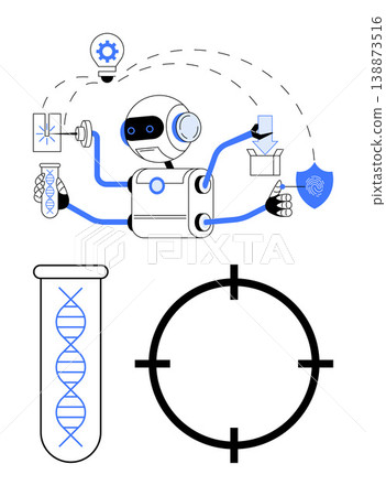 Robotics, biotechnology, innovation, scientific research, data analysis, future technology. A robot conducting experiments with DNA, test tubes and targeting symbols. Robotics and biotechnology 138873516