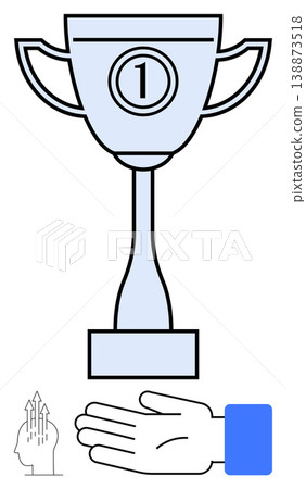 Achievement, competition, success, recognition, leadership, motivation. Trophy cup labeled as first place above an open palm. Achievement and competition conceptualized in a minimalist style Achievement, competition, success, recognition, leadership, motivation. Trophy cup labeled as first place above an open palm. Achievement and competition conceptualized in a minimalist style 138873518