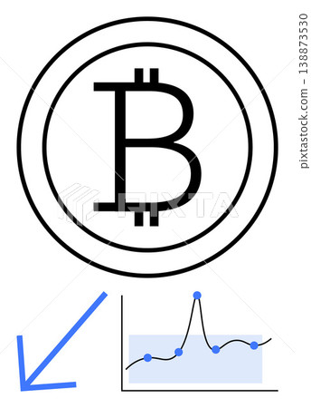 Cryptocurrency, economy, blockchain, financial analysis, digital currency, investment trends. Bitcoin logo with a graph and arrow showing market data movement. Cryptocurrency and economy concept Cryptocurrency, economy, blockchain, financial analysis, digital currency, investment trends. Bitcoin logo with a graph and arrow showing market data movement. Cryptocurrency and economy concept 138873530