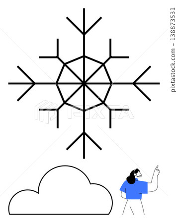 Weather, seasons, meteorology, forecasting, nature symbolism, minimalism. Large geometric snowflake with a cloud outline and person pointing up. Weather and seasons simply Weather, seasons, meteorology, forecasting, nature symbolism, minimalism. Large geometric snowflake with a cloud outline and person pointing up. Weather and seasons simply 138873531