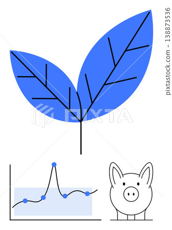 Sustainability, environmental awareness, financial growth, eco-economy, resource management, data analysis. Blue leaf nature, graph with data points piggy bank icon. Sustainability and financial 138873536