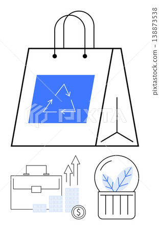 Environmental sustainability, business development, financial progress, eco-commerce, recycling, green economy. Shopping bag with recycle logo, briefcase with charts, and plant in a dome Environmental sustainability, business development, financial progress, eco-commerce, recycling, green economy. Shopping bag with recycle logo, briefcase with charts, and plant in a dome 138873538