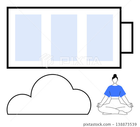 Wellness, mental health, relaxation, energy management, mindfulness, self-care. Minimalistic design with a battery, a cloud and a woman meditating. Wellness and mental health Wellness, mental health, relaxation, energy management, mindfulness, self-care. Minimalistic design with a battery, a cloud and a woman meditating. Wellness and mental health 138873539
