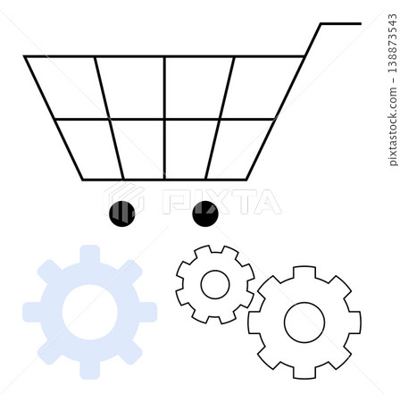 E-commerce, automation, shopping technology, digital business, sales optimization, online retail. Shopping cart with interconnected gears below. E-commerce and automation concept E-commerce, automation, shopping technology, digital business, sales optimization, online retail. Shopping cart with interconnected gears below. E-commerce and automation concept 138873543