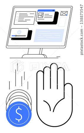 Digital privacy, online ad blocking, user experience enhancement, ad-free browsing, cybersecurity, financial savings. Hand stopping coins with computer interface. Digital privacy and ad-blocking 138873547