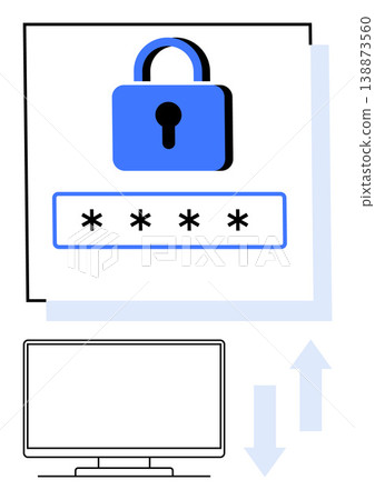 Data security, password management, online protection, information safety, login authentication, cyber safety. Image shows a lock, password field and monitor with arrows. Data security and password 138873560
