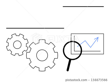 Process optimization, data analysis, business growth, system improvement, problem-solving, performance metrics. Gears, magnifying glass over upward trending chart. Process optimization and data Process optimization, data analysis, business growth, system improvement, problem-solving, performance metrics. Gears, magnifying glass over upward trending chart. Process optimization and data 138873566