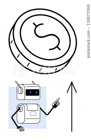 Financial growth, automation, AI innovation, business success, futuristic economy, investment strategies. Robot points upward near dollar coin and ascending arrow. Financial growth and automation 138873569