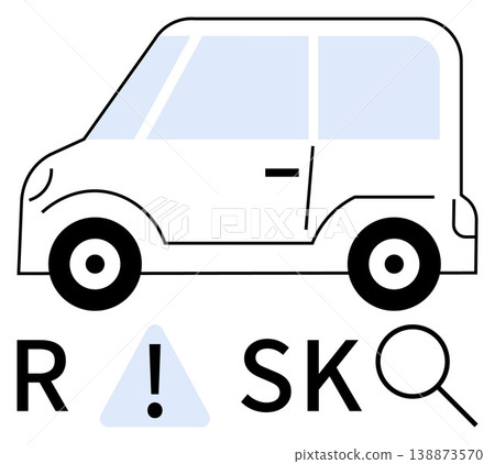Vehicle safety, risk assessment, transportation security, damage evaluation, automotive maintenance, hazard prevention. Cartoon car with warning icon and magnifying glass. Vehicle safety and risk 138873570