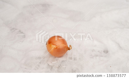 Single onion on fresh snow background Single onion on fresh snow background 138873577